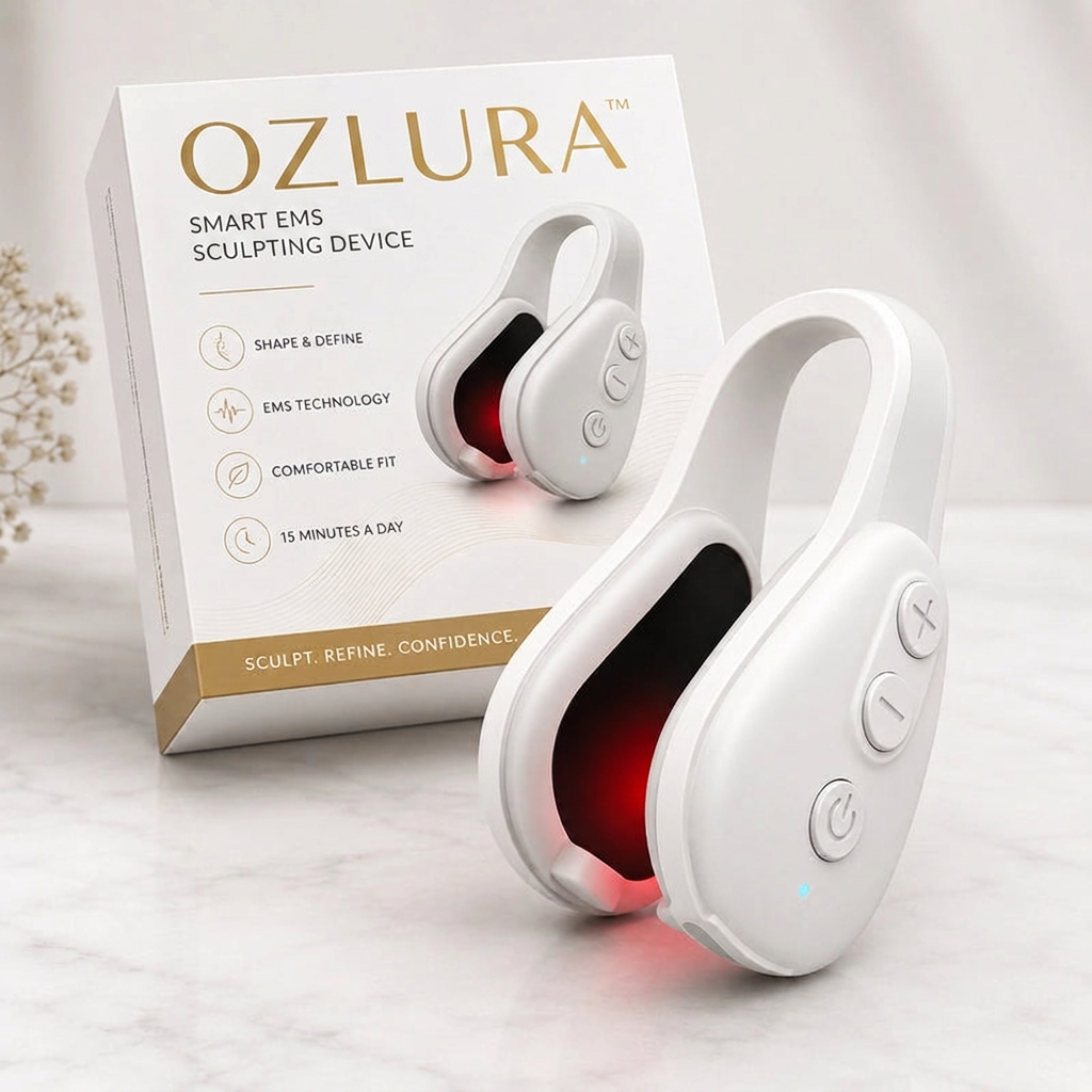 Ozlura Contour Pro device beside its retail box on marble