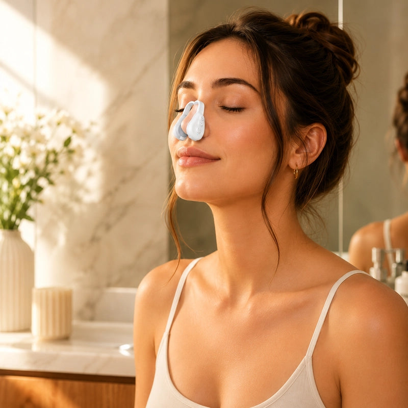 Woman relaxing while wearing the Ozlura sculpting device