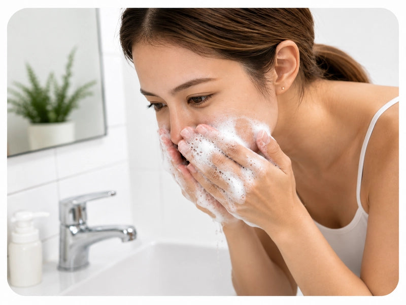 Woman cleansing her face at the sink before an Ozlura session